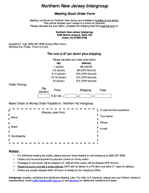 Northern New Jersey Meeting Book Order Form