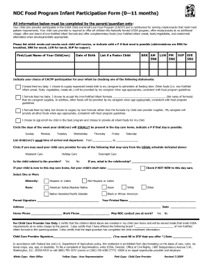 NDC Food Program Infant Participation Form