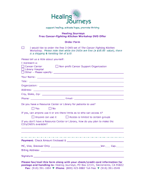 Healing Journeys Cancer-Fighting Kitchen Workshop Order Form