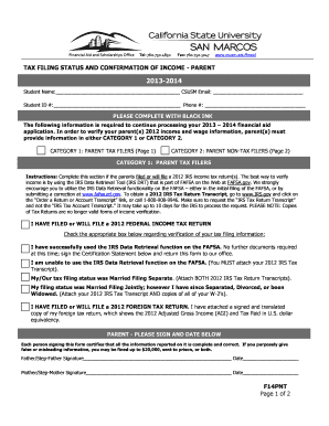 Tax Filing Status and Confirmation of Income - Parent