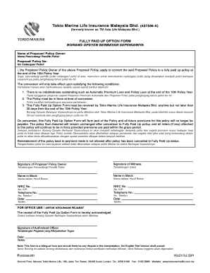 Tokio Marine Life Insurance Malaysia Fully Paid Up Option Form