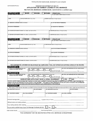 Vermont Civil Marriage License Application