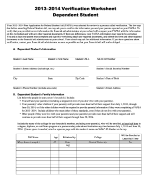 2013–2014 Verification Worksheet Dependent Student