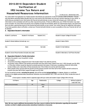 2015-2016 Dependent Student Verification Form