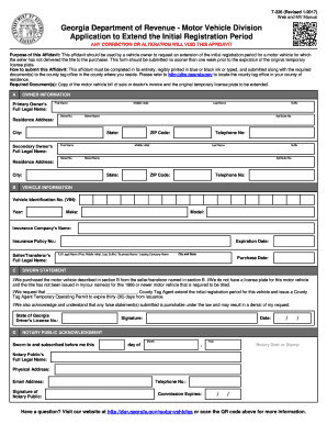Georgia T-226 Affidavit for Vehicle Registration Extension