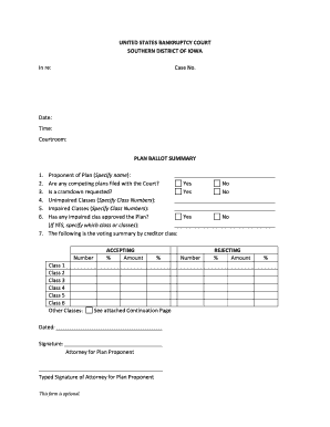 US Bankruptcy Court Plan Ballot Summary