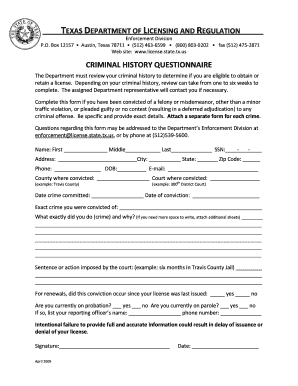 Texas Criminal History Questionnaire