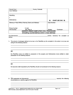 Colorado Simplified Civil Procedure Answer Form