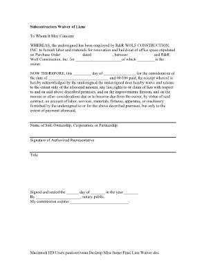 Subcontractors Waiver of Liens