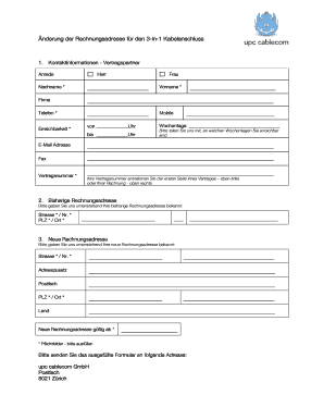 Änderung der Rechnungsadresse für den 3-in-1 Kabelanschluss