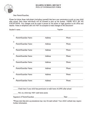 Reading School District Pick Up Information Form