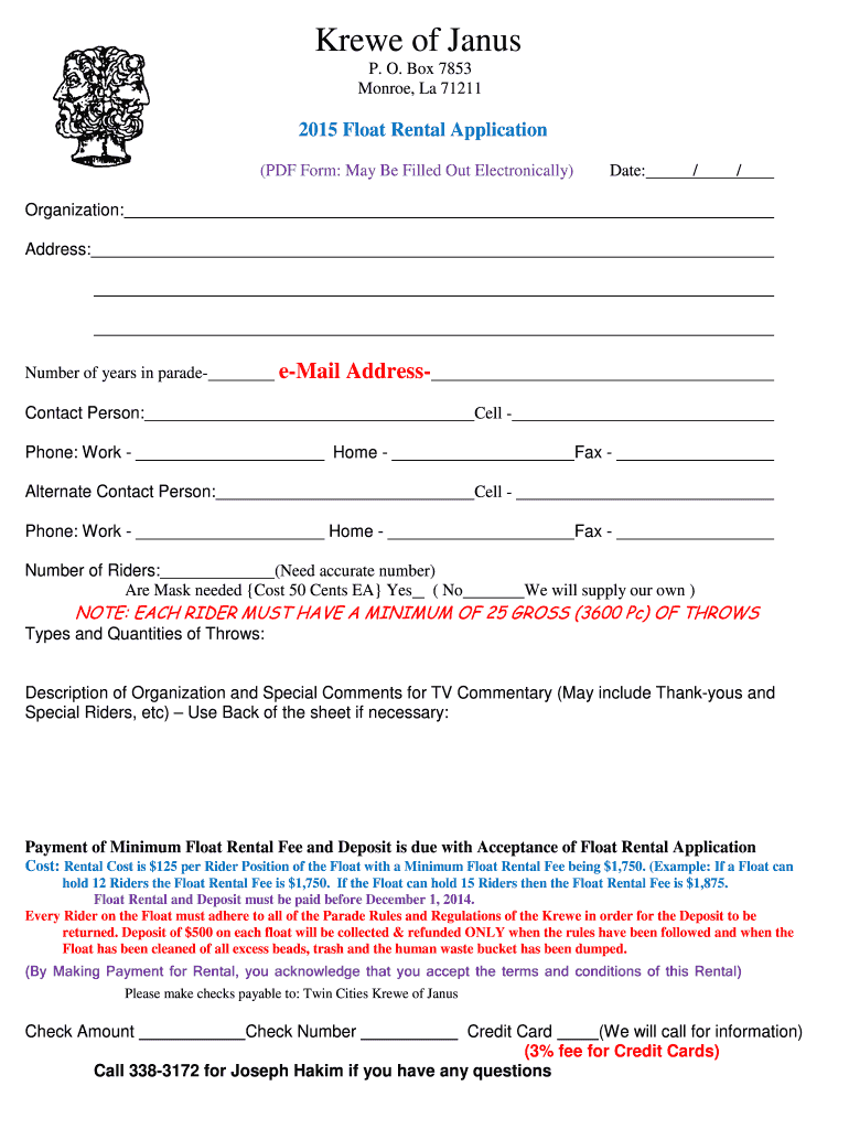 Fillable Online 2015 Float Rental Application - Krewe of Janus Fax ...