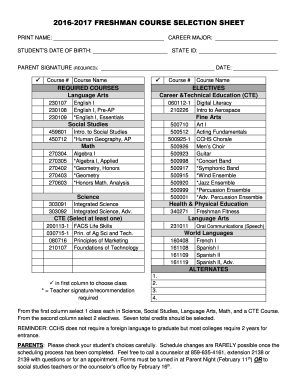 Freshman Course Selection Sheet