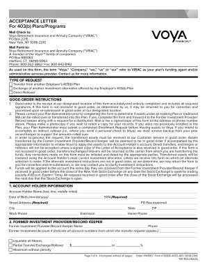 RESET FORM ACCEPTANCE LETTER For 403(b) Plans/Programs Mail Check to: Voya Retirement Insurance and Annuity Company (VRIAC) PO Box 2215 New York, NY 101162215 Mail Form to: Voya Retirement Insurance and Annuity Company (VRIAC) A member of