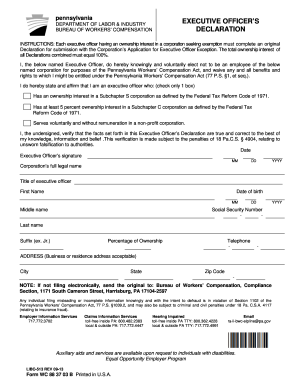 Pennsylvania Executive Officer Workers' Compensation Declaration