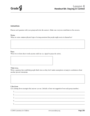 Grade 8 Emotional Control Worksheets