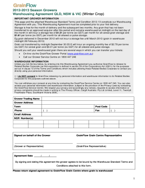 2012-2013 Season Growers Warehousing Agreement