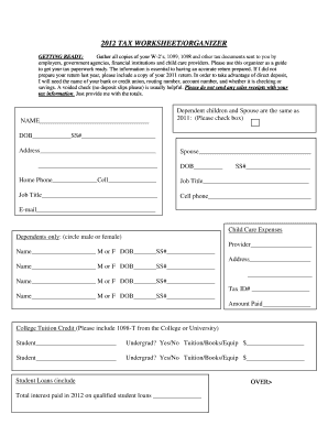 2012 Tax Worksheet/Organizer