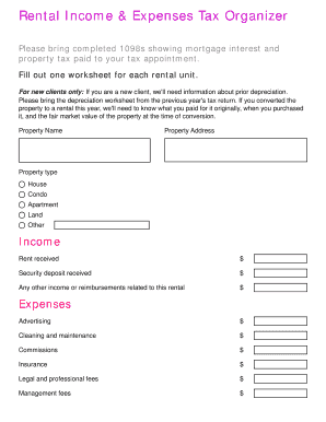 Rental Income and Expenses Tax Organizer