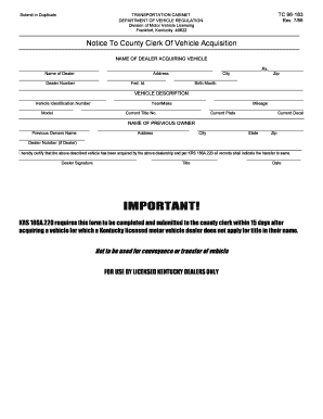 Kentucky Vehicle Acquisition Notice