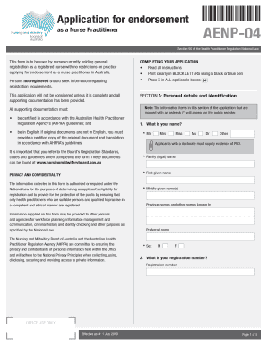 Nurse Practitioner Endorsement Application AENP-04
