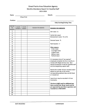 Monthly Attendance Report for Classified Staff