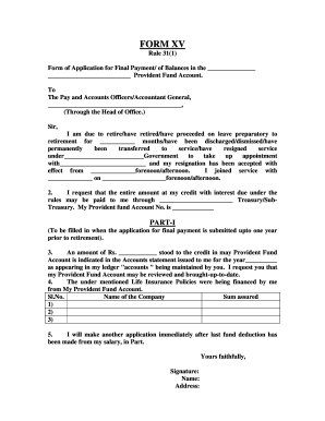 Form XV Application for Final Payment of Provident Fund