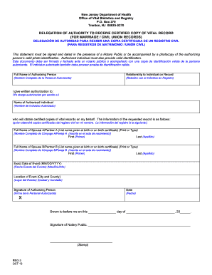 New Jersey Delegation of Authority to Receive Certified Copy of Vital Record