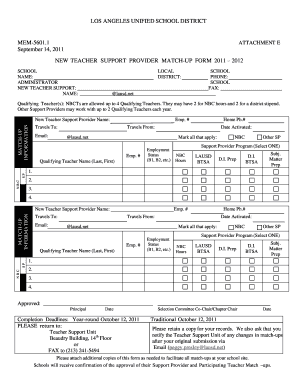 New Teacher Support Provider Match-Up Form