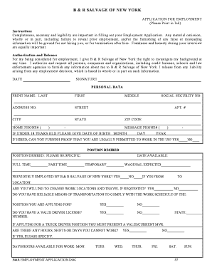 B & R Salvage of New York Employment Application