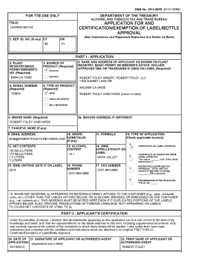 TTB ID Application for Label/Bottle Approval