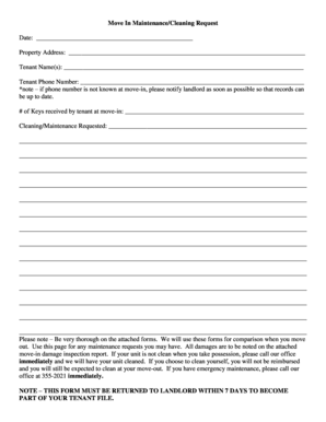 Move In Maintenance/Cleaning Request Form