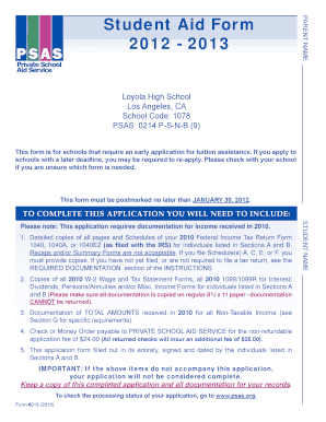 Student Aid Form 2012-2013