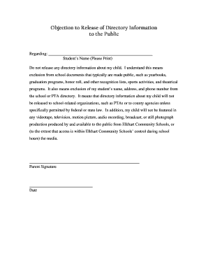 Objection to Release of Directory Information
