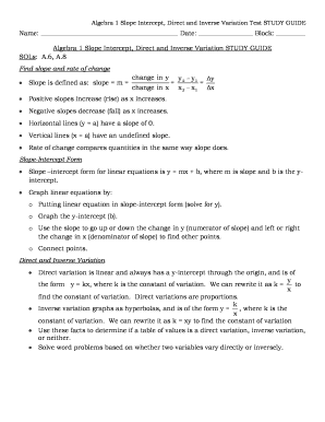 Algebra 1 Slope Intercept Study Guide