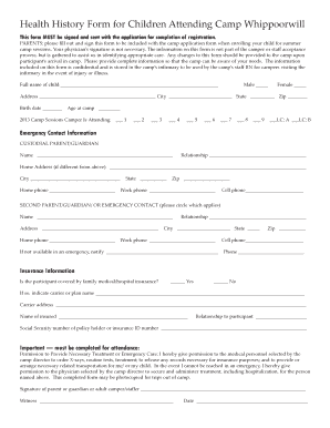Health History Form for Children Attending Camp