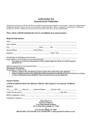 Authorization For Announcement Publication