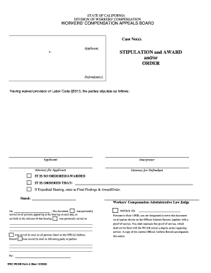 California Workers' Compensation Stipulation and Award