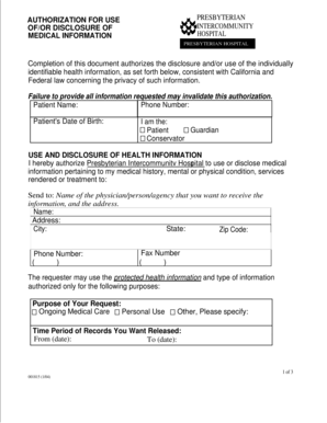 Presbyterian Medical Information Authorization Form
