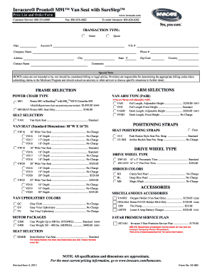 Invacare Pronto M91 Van Seat Order Form