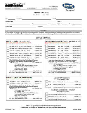 Invacare Pronto M41 Price List and Order Form