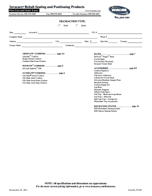 Invacare Rehab Seating and Positioning Order Form