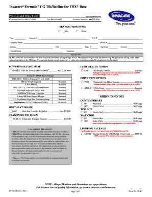 Invacare Formula CG Tilt/Recline Order Form