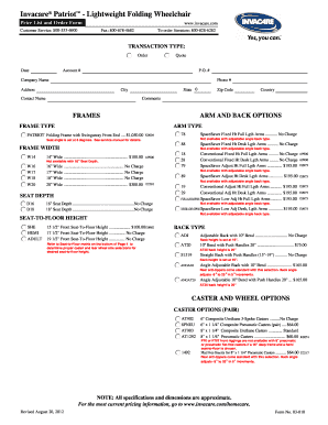 Invacare Patriot Wheelchair Order Form