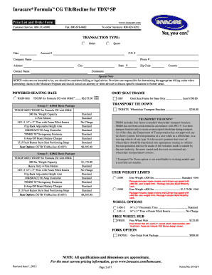 Invacare Formula CG Tilt/Recline Order Form