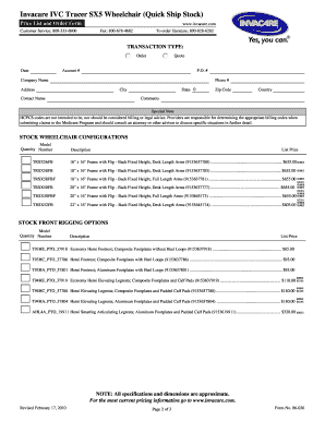 Invacare IVC Tracer SX5 Wheelchair Order Form