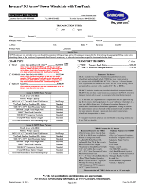 Invacare 3G Arrow Power Wheelchair Order Form