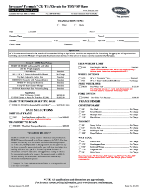 Invacare Formula CG Tilt/Elevate Order Form