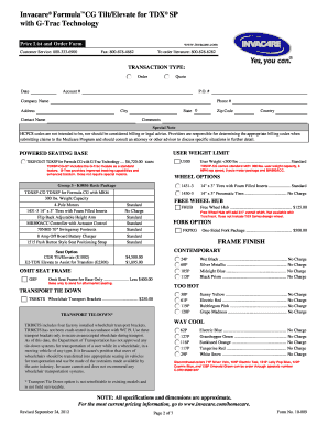 Invacare Formula CG Tilt/Elevate Order Form