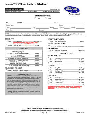 Invacare TDX SI Van Seat Power Wheelchair Order Form